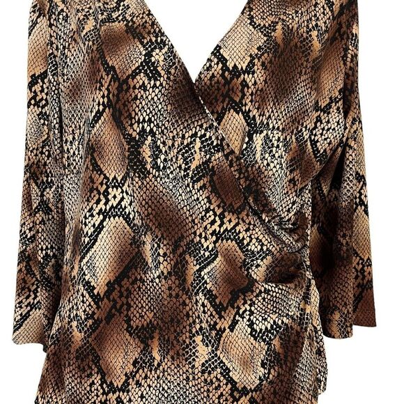 CHICO'S Brown Snakeskin Snake Reptile Print V-Neck Wrap Jersey Knit Top 1 / M - Picture 2 of 16